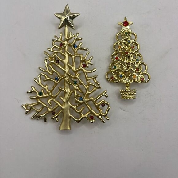 Lot of two Christmas Trees, gold tone with multi color stones - Picture 4 of 8